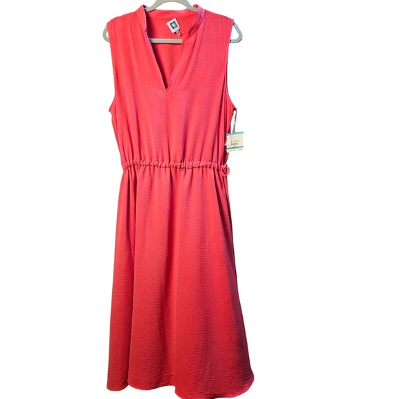 Anne Klein Dresses & Skirts - Anne Klein Coral Pink Sleeveless Split Neck Drawstring Waist Midi Dress 16 NEW